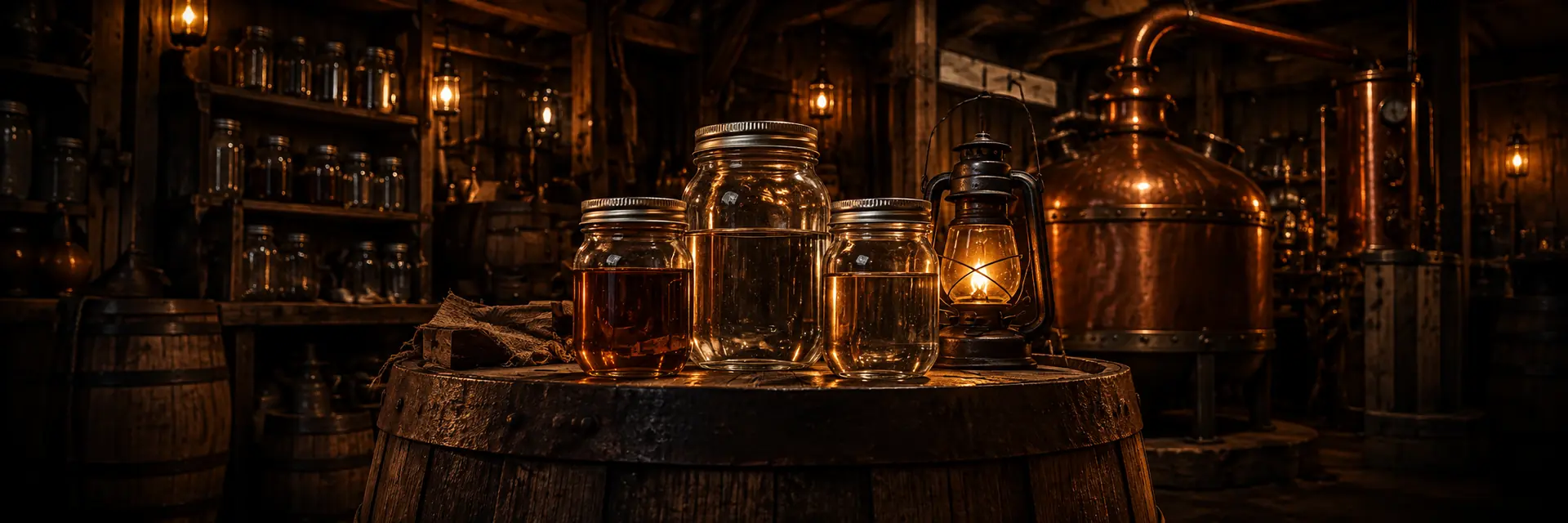 Rustikale Moonshine-Werkstatt mit Mason Jars und Kupferbrennerei